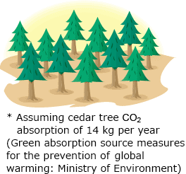 * Assuming cedar tree CO2 absorption of 14 kg per year(Green absorption source measures for the prevention of global warming: Ministry of Environment)